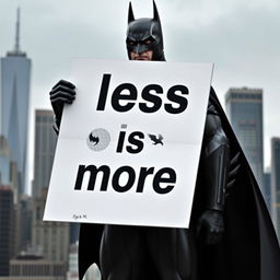 Batman holds a sign with the slogan 'less is more' in bold letters