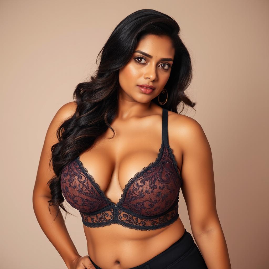 A seductive Indian woman with a voluptuous figure, showcasing her curves in a stylish, alluring bra