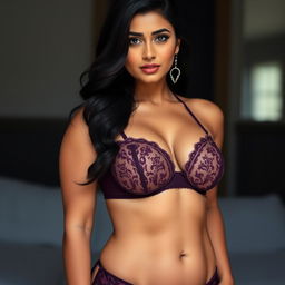 A seductive Indian woman with a voluptuous figure, showcasing her curves in a stylish, alluring bra