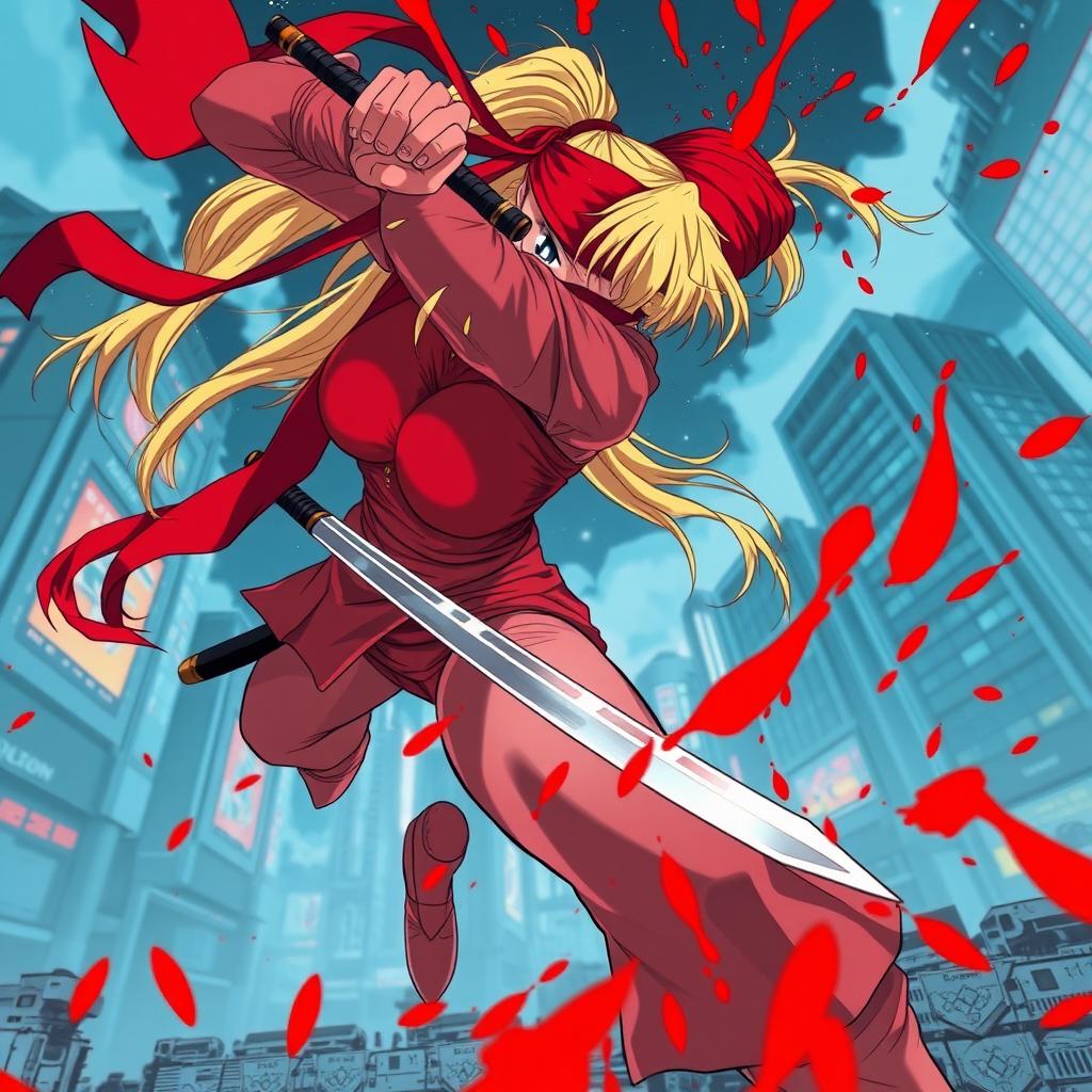 A dynamic scene of a female character with a long blonde ponytail, wrapped in long, flowing red bandages and wearing a red blindfold