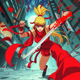 A dynamic scene of a female character with a long blonde ponytail, wrapped in long, flowing red bandages and wearing a red blindfold