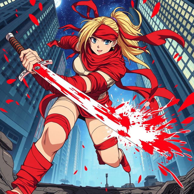 A dynamic scene of a female character with a long blonde ponytail, wrapped in long, flowing red bandages and wearing a red blindfold