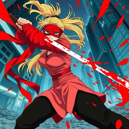 A dynamic scene of a female character with a long blonde ponytail, wrapped in long, flowing red bandages and wearing a red blindfold