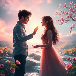 A romantic couple in an ethereal landscape, both reaching out to touch each other's hands but unable to connect due to a translucent barrier representing reality, with vibrant colors contrasting between the couple and the background