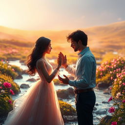 A romantic couple in an ethereal landscape, both reaching out to touch each other's hands but unable to connect due to a translucent barrier representing reality, with vibrant colors contrasting between the couple and the background