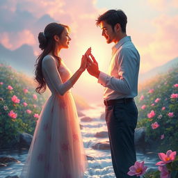 A romantic couple in an ethereal landscape, both reaching out to touch each other's hands but unable to connect due to a translucent barrier representing reality, with vibrant colors contrasting between the couple and the background