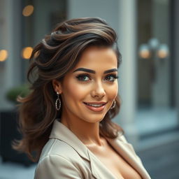 A confident woman with an alluring presence, featuring voluminous hair and a captivating smile, wearing a stylish outfit that highlights her features, set against an elegant urban backdrop with soft lighting