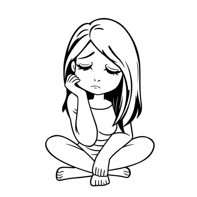 A sad cartoon-style woman in black and white, sitting with her head resting on her hand, conveying a deep sense of melancholy and introspection