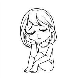 A sad cartoon-style woman in black and white, sitting with her head resting on her hand, conveying a deep sense of melancholy and introspection