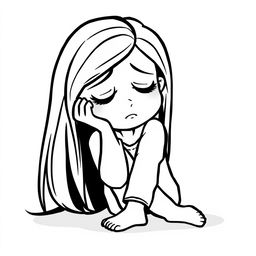 A sad cartoon-style woman in black and white, sitting with her head resting on her hand, conveying a deep sense of melancholy and introspection