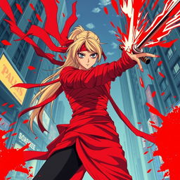 A female character with a long blonde ponytail, wrapped in long red bandages, appears in a view from the ground looking up