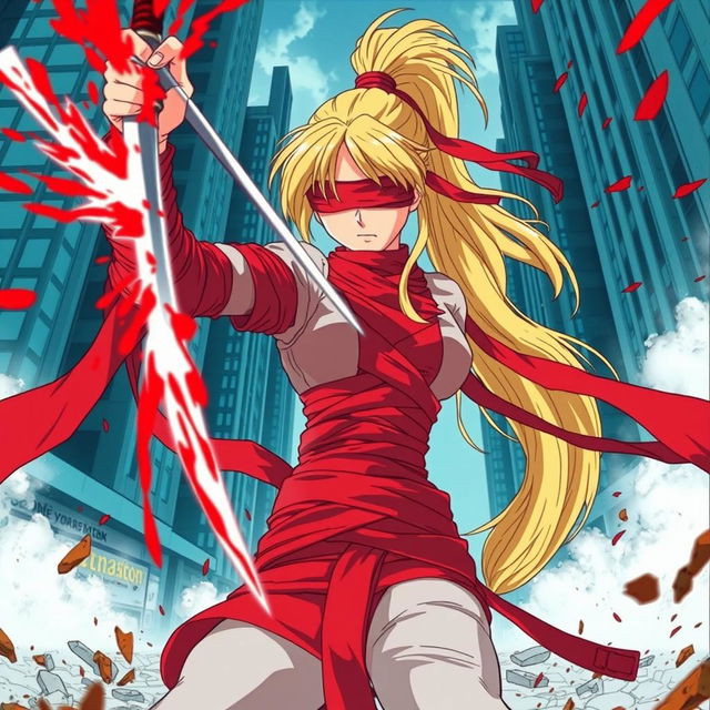 A female character with a long blonde ponytail, wrapped in long red bandages, appears in a view from the ground looking up