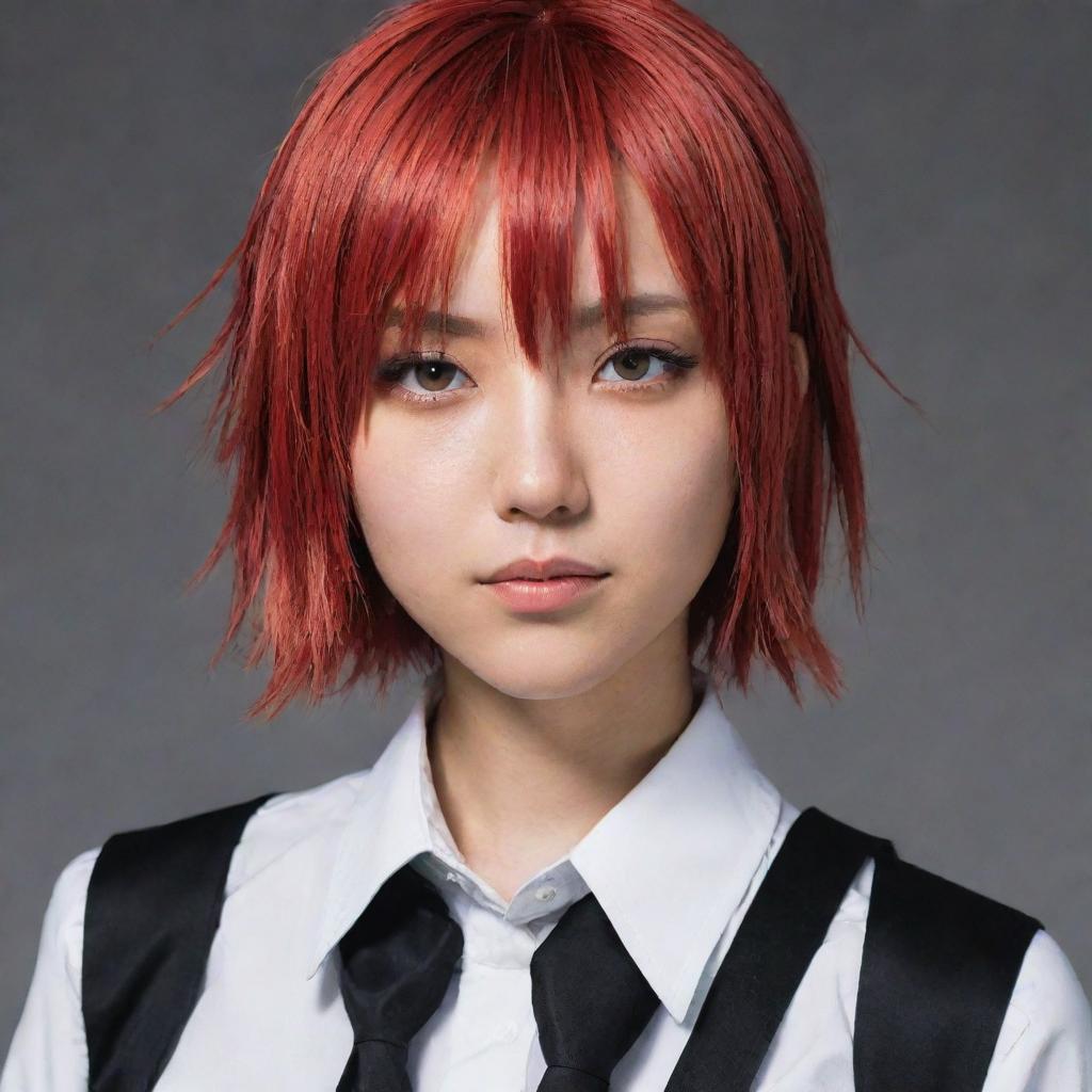 Makima, a character from Chainsaw Man manga, depicted in her usual attire with noticeable crimson colored hair. She should look powerful yet approachable.