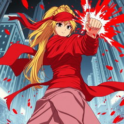 A female character with a long blonde ponytail, wrapped in long red bandages, appears in a view from the ground looking up