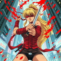 1980s anime style scene viewed from ground level looking up, featuring a female character with a long blonde ponytail, wrapped in long red bandages that appear to be flowing dynamically