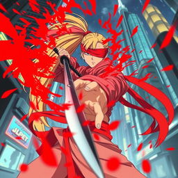 1980s anime style scene viewed from ground level looking up, featuring a female character with a long blonde ponytail, wrapped in long red bandages that appear to be flowing dynamically