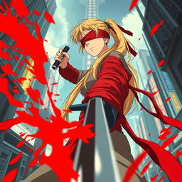 1980s anime style scene viewed from ground level looking up, featuring a female character with a long blonde ponytail, wrapped in long red bandages that appear to be flowing dynamically