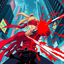 1980s anime style scene viewed from ground level looking up, featuring a female character with a long blonde ponytail, wrapped in long red bandages that appear to be flowing dynamically