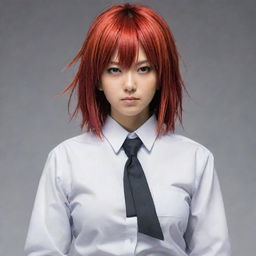 Makima, a character from Chainsaw Man manga, depicted in her usual attire with noticeable crimson colored hair. She should look powerful yet approachable.