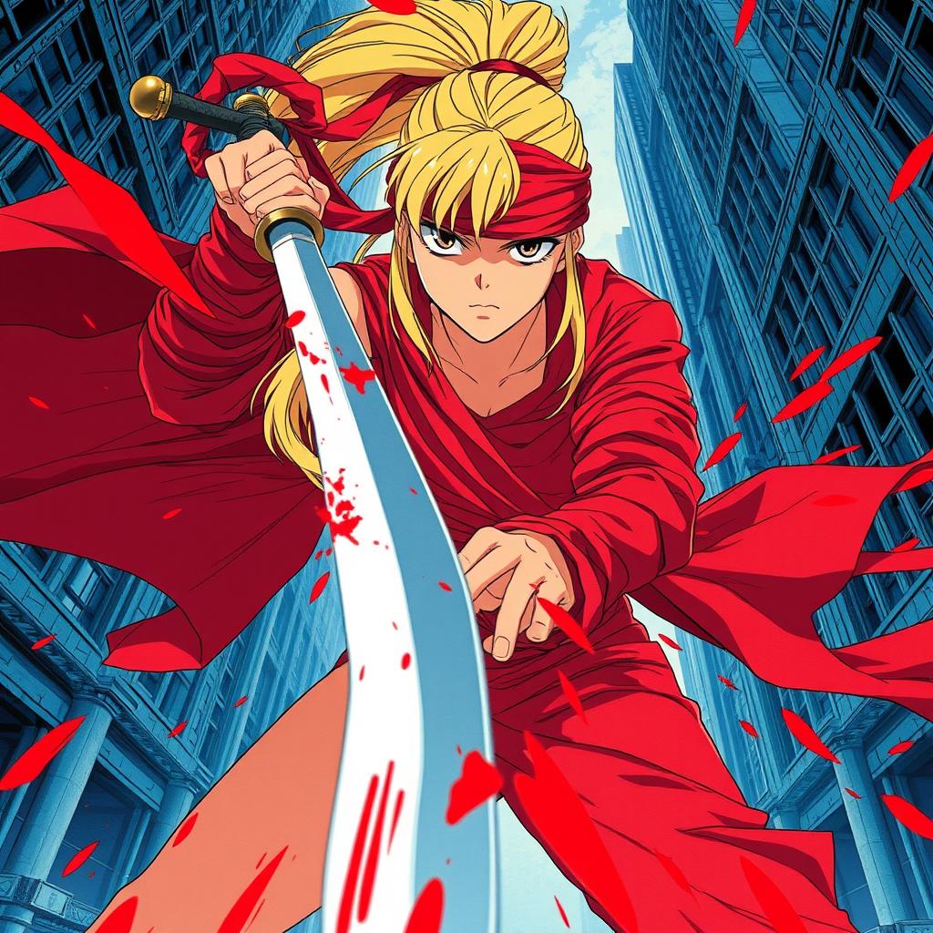 A powerful scene from a 1980s anime, viewed from the ground looking up, depicting a female character with a long blonde ponytail