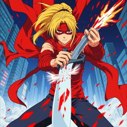 A powerful scene from a 1980s anime, viewed from the ground looking up, depicting a female character with a long blonde ponytail