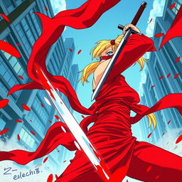 A powerful scene from a 1980s anime, viewed from the ground looking up, depicting a female character with a long blonde ponytail