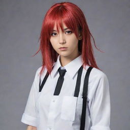 Makima, a character from Chainsaw Man manga, depicted in her usual attire with noticeable crimson colored hair. She should look powerful yet approachable.