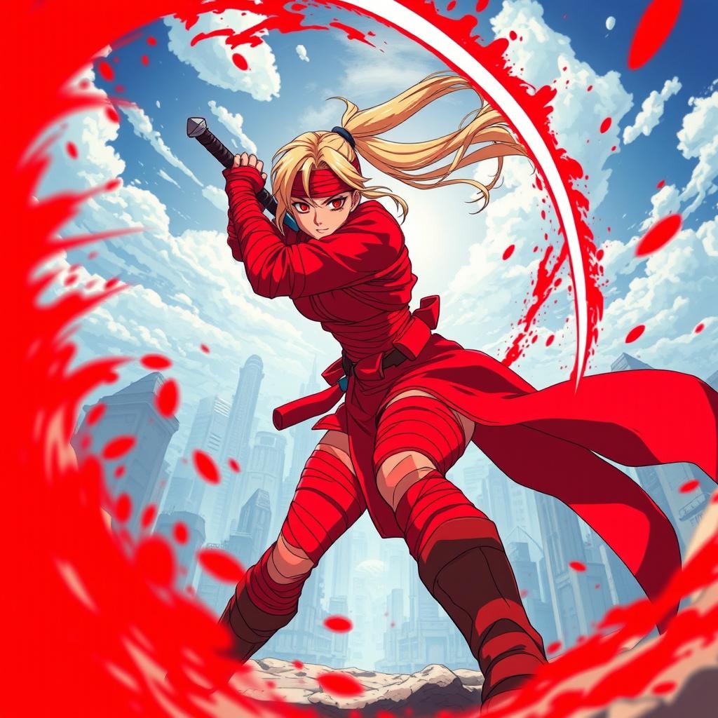 A dynamic 1980s anime-style scene viewed from the ground looking up, featuring a female character with a long blonde ponytail