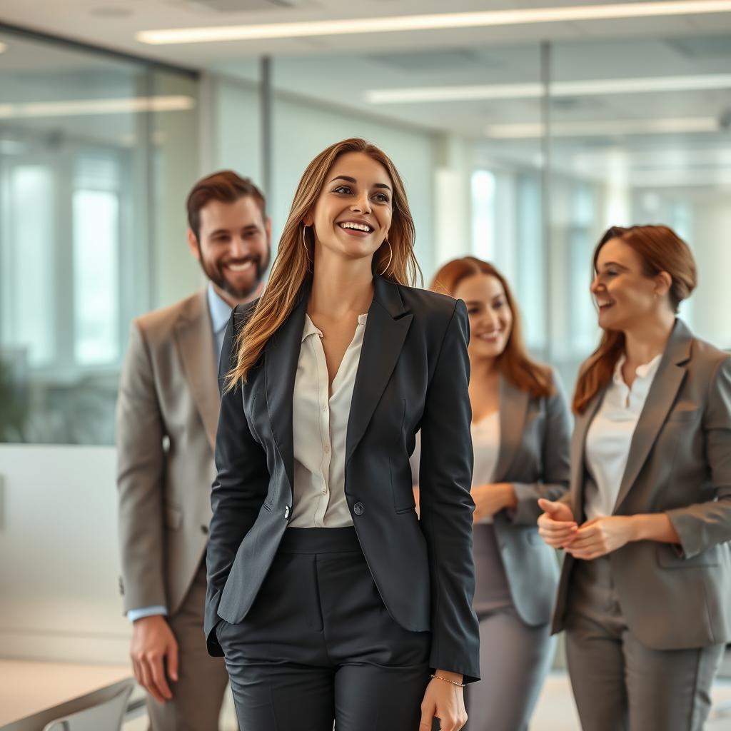 A confident and slim female executive enjoying a lighthearted interaction with her colleagues in a modern office setting