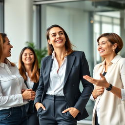 A confident and slim female executive enjoying a lighthearted interaction with her colleagues in a modern office setting