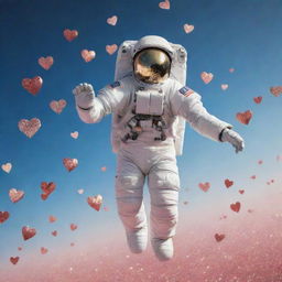 An astronaut gracefully falling through a sky filled with different sizes of shimmering hearts.