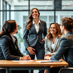 A confident and slim female executive enjoying a lighthearted interaction with her colleagues in a modern office setting