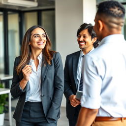 A confident and slim female executive enjoying a lighthearted interaction with her colleagues in a modern office setting