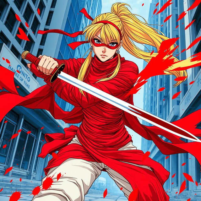 1980s anime style depiction of a female warrior with a long blonde ponytail