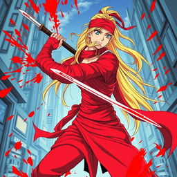 1980s anime style depiction of a female warrior with a long blonde ponytail