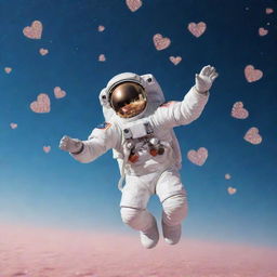 An astronaut gracefully falling through a sky filled with different sizes of shimmering hearts.