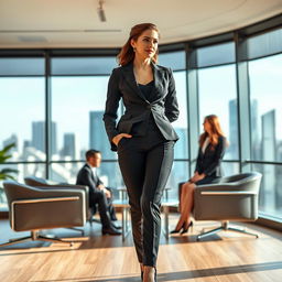 A confident and empowered businesswoman in an upscale corporate setting, emphasizing her intelligence and leadership qualities