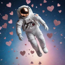 An astronaut gracefully falling through a sky filled with different sizes of shimmering hearts.