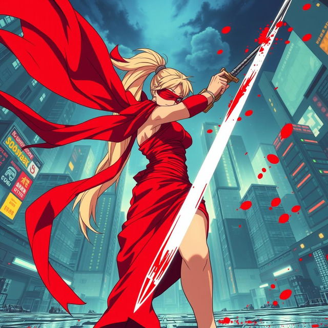 1980s anime style view from the ground looking up at a female character with a long blonde ponytail