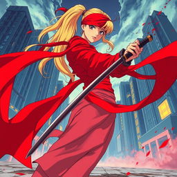 1980s anime style view from the ground looking up at a female character with a long blonde ponytail