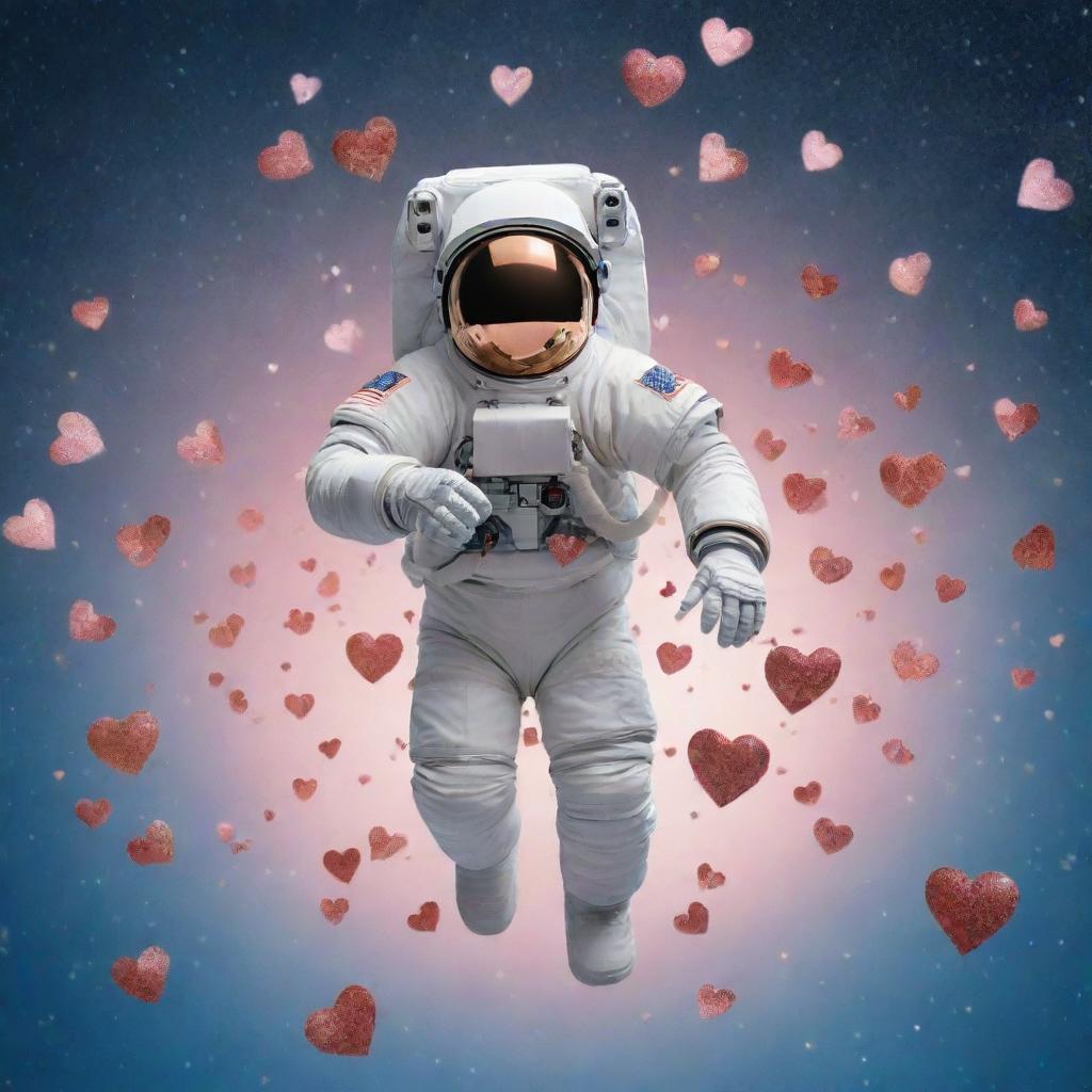 An astronaut gracefully falling through a sky filled with different sizes of shimmering hearts.