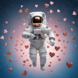 An astronaut gracefully falling through a sky filled with different sizes of shimmering hearts.