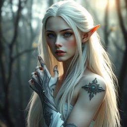 Portrait of an elven woman with pale skin, long white hair, and emerald green eyes