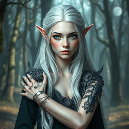 Portrait of an elven woman with pale skin, long white hair, and emerald green eyes