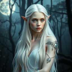 Portrait of an elven woman with pale skin, long white hair, and emerald green eyes