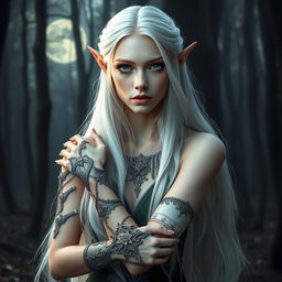 Portrait of an elven woman with pale skin, long white hair, and emerald green eyes