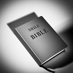 A high-contrast black and white photograph of a Bible, positioned to prominently display the title on the cover