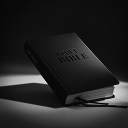 A high-contrast black and white photograph of a Bible, positioned to prominently display the title on the cover