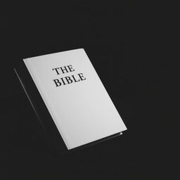 A high-contrast black and white photograph of a Bible, positioned to prominently display the title on the cover