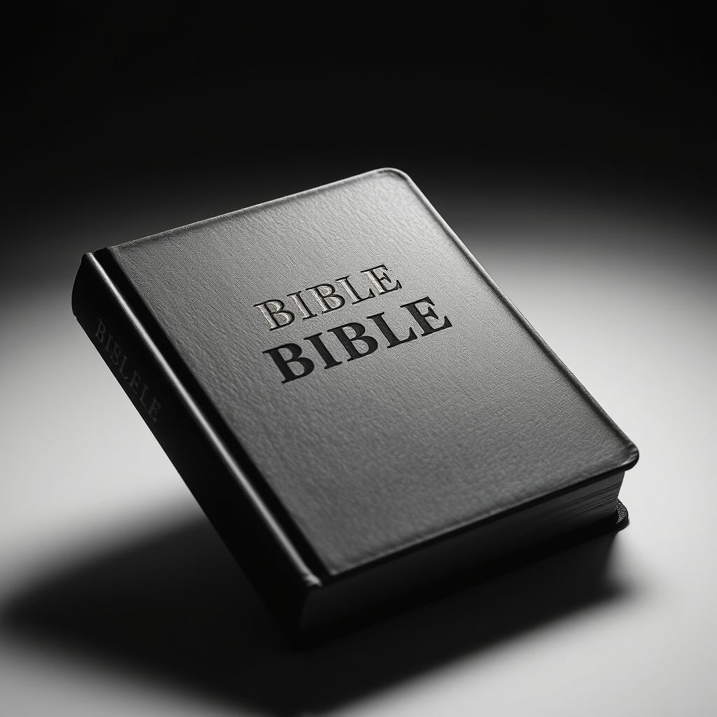 A high-contrast black and white photograph of a Bible, positioned to prominently display the title on the cover